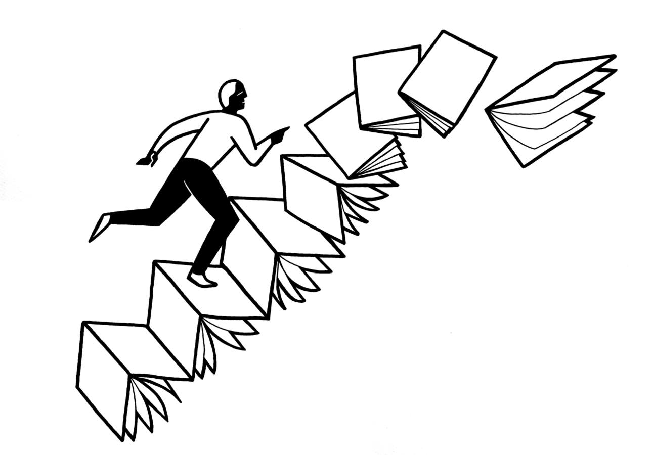 Zeichnung einer Person, die auf einer Treppe aus Bücherstapeln nach oben rennt. Die Person scheint eilig zu sein und nach oben zu streben. Die Bücherstapel symbolisieren Wissen oder Herausforderungen, die überwunden werden müssen.
