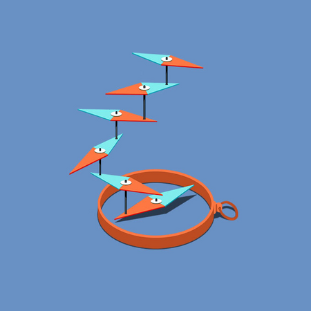 Grafik: Ein Kompass, dessen Pfeile durch stilisierte Augen ersetzt wurden. Die Augen sind abwechselnd orange und türkis. Der Kompass selbst ist orange und steht auf einem blauen Hintergrund.