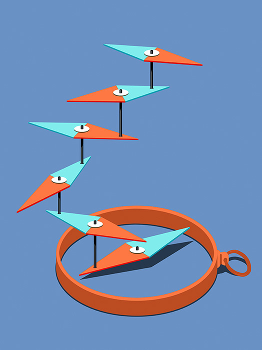 Grafik: Eine stilisierte Darstellung einer Augen-Pyramide, die auf einem orangefarbenen Ring thront. Die Augen sind in hellen Türkistönen und Orange gehalten und blicken in unterschiedliche Richtungen. Die Augen scheinen aufmerksam und neugierig zu sein. Der Hintergrund ist ein sanftes Blau.