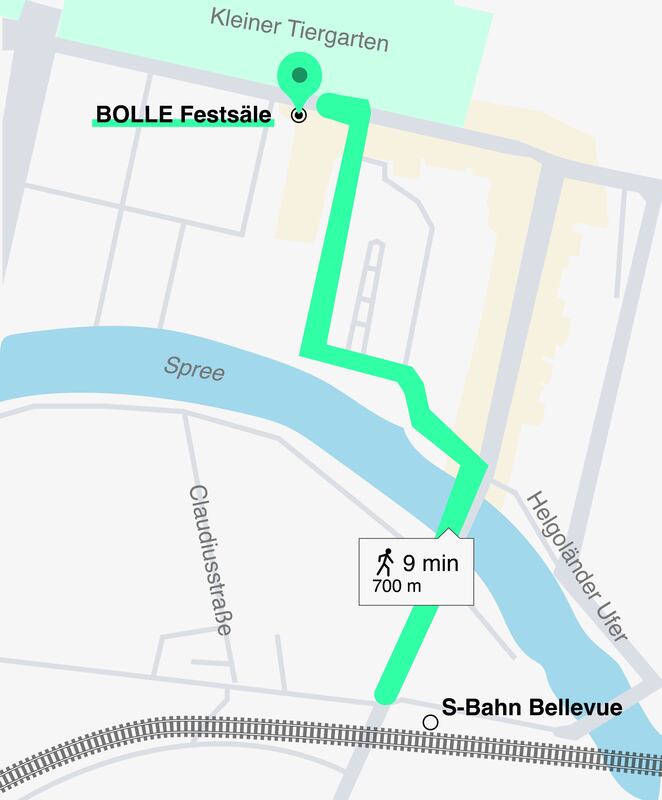 Karte eines Stadtplans mit einer grünen Route von BOLE Festsäle zum S-Bahnhof Bellevue. Die Route führt durch den Kleinen Tiergarten und entlang der Spree. Die Gehzeit beträgt 9 Minuten und die Entfernung 700 Meter.