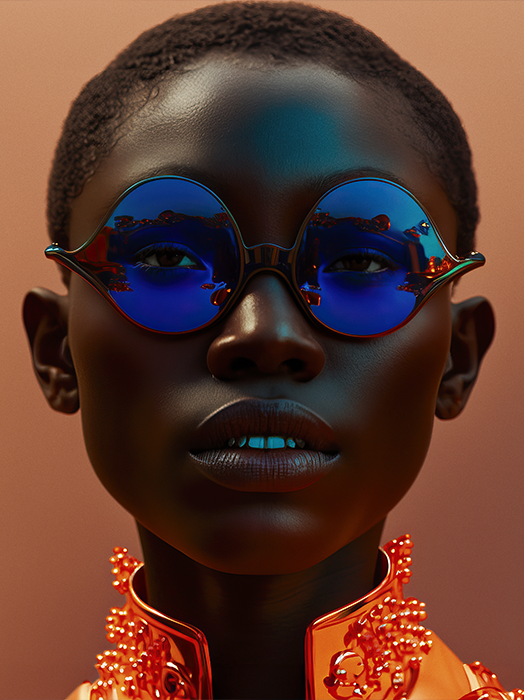 Porträt einer jungen Person mit dunkler Hautfarbe. Sie trägt eine auffällige, runde Sonnenbrille mit blauen Gläsern. Ihr Blick ist direkt und selbstbewusst. Sie trägt ein Kleidungsstück mit einem hohen Kragen, der mit kleinen, runden Verzierungen versehen ist. Das Bild ist in warmen, dunklen Tönen gehalten.