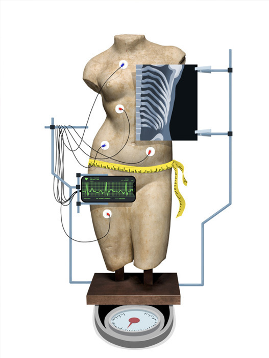 Das Bild zeigt eine klassische Frauenstatue aus hellem Stein. An der Statue sind verschiedene Messgeräte angebracht: EKG-Sensoren, ein Maßband und eine Waage unterhalb der Statue. Ein Bildschirm zeigt eine EKG-Kurve. Das Bild vermittelt den Eindruck einer medizinischen Untersuchung oder einer detaillierten Körperanalyse.