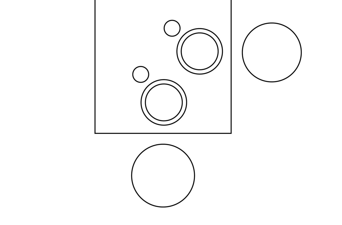 Grafik: Ein weißer Hintergrund zeigt ein großes Quadrat, in dem mehrere unterschiedlich große Kreise angeordnet sind. Rechts und unterhalb des Quadrats befinden sich weitere Kreise, die nicht innerhalb des Quadrats liegen.