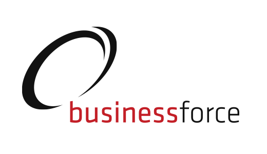 Das Bild zeigt ein Logo für ein Unternehmen namens "Business Force". Das Logo besteht aus einem stilisierten schwarzen Kreis mit einer geschwungenen Linie, begleitet vom Firmennamen "Business Force" in einer modernen, serifenlosen Schriftart in kontrastierender roter Farbe. Das Logo ist so gestaltet, dass es für ein breites Publikum leicht zugänglich und wiedererkennbar ist und die Ausrichtung des Unternehmens auf Wirtschaft und Technologie widerspiegelt.