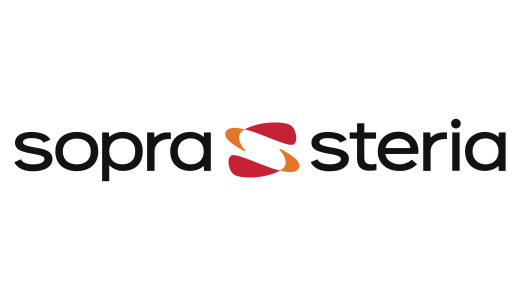 Das Bild zeigt ein grafisches Design eines Logos mit einem stilisierten Buchstaben "S" in roten und orangenen Farben vor einem schwarzen Hintergrund. Das Logo ist in der Mitte positioniert und scheint Teil eines größeren Designs oder Banners zu sein. Im Bild ist der Text "soprasteria" zu sehen, der ein Teil des Firmennamens oder ein entsprechender Slogan sein könnte. Das Design scheint für alle Nutzer, auch für Sehbehinderte, zugänglich und leicht lesbar zu sein, da es keinen Text enthält, der schwer zu erkennen sein könnte.