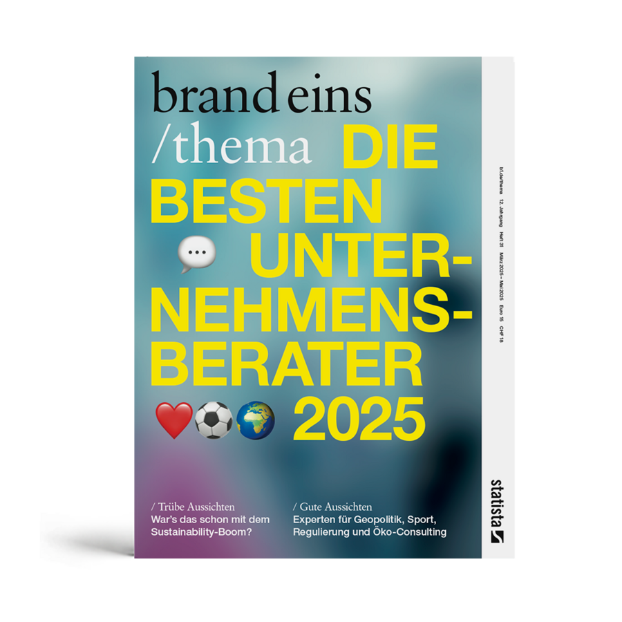 Bei dem Bild handelt es sich um ein Werbeplakat für eine Konferenz mit dem Titel "Brand eins / thema DIE BESTEN UNTER-NEHMEN-BERATOR 2015", die sich mit nachhaltigen Geschäftspraktiken befasst. Das Plakat zeigt eine Mischung aus Text und Grafiken, darunter eine Sprechblase, ein Herz und einen Fußball, alles vor einem blau-weißen Hintergrund. Der Text hebt das Thema der Veranstaltung und die Bedeutung nachhaltiger Geschäftspraktiken hervor. Das Plakat enthält auch den Namen, das Datum und den Ort der Veranstaltung sowie die Namen der Redner und Organisatoren.