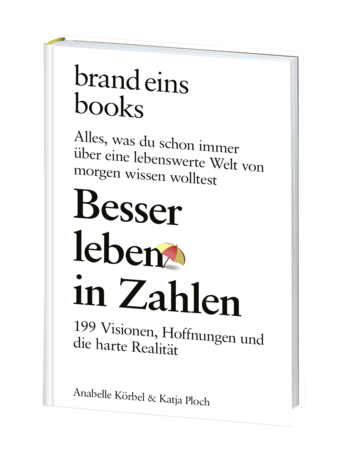 Das Bild ist eine digitale Darstellung eines Buchcovers für das Buch "Brand Eins Books" von Anabelle Köbel & Katja Ploch. Das Cover hat einen weißen Hintergrund mit schwarzem Text und einer gelben Regenschirmgrafik. Der Titel des Buches ist prominent in der Mitte platziert, die Namen der Autoren stehen am unteren Rand. Das Cover enthält außerdem eine Beschreibung des Buchinhalts, die sich unter anderem auf das Konzept "Brand Leben in Zahlen" und die Bedeutung von "Visionen, Hoffnungen und die harte Realität" im Kontext des Buches konzentriert.
