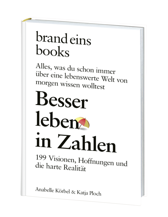 Das Bild ist eine digitale Darstellung eines Buchcovers für das Buch "Brand Eins Books" von Anabelle Köbel & Katja Ploch. Das Cover hat einen weißen Hintergrund mit schwarzem Text und einer gelben Regenschirmgrafik. Der Titel des Buches ist prominent in der Mitte platziert, die Namen der Autoren stehen am unteren Rand. Das Cover enthält außerdem eine Beschreibung des Buchinhalts, die sich unter anderem auf das Konzept "Brand Leben in Zahlen" und die Bedeutung von "Visionen, Hoffnungen und die harte Realität" im Kontext des Buches konzentriert.