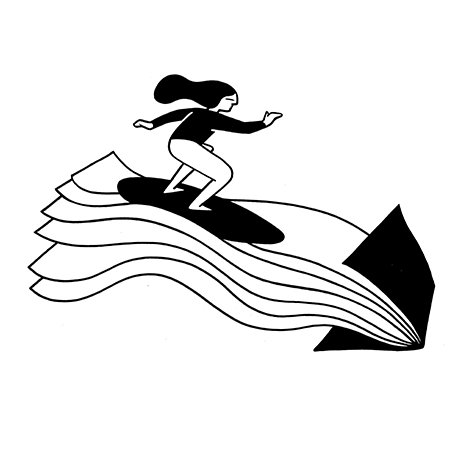 Das Bild ist eine Schwarz-Weiß-Illustration, die eine Frau zeigt, die auf einem Surfbrett auf einer Welle reitet. Die Welle ist als Buch mit einem großen Pfeil dargestellt, der in Richtung der Surferin zeigt und die Richtung der Welle andeutet. Die Illustration ist einfach und minimalistisch und konzentriert sich auf die wichtigsten Elemente der Szene.
