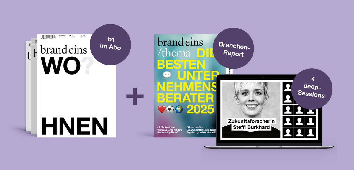Bei dem Bild handelt es sich um ein grafisches Design mit einem lilafarbenen Hintergrund, auf dem drei verschiedene Elemente zu sehen sind: ein Buch mit dem Titel "brand eins wo?" und einem Fragezeichen, eine Zeitschrift mit dem Titel "brand eins /thema die BESTEN UNTER NACHMEN / BERATER / 2020" mit einem Frauengesicht und ein Laptop, auf dem ein Video mit dem Titel "Zukunftstorschiner / Steff Burkard" mit einem Gitter aus kleinen Bildern zu sehen ist. Das Bild ist so gestaltet, dass es für ein breites Publikum, einschließlich sehbehinderter Personen, zugänglich ist, indem es klare und kontrastreiche Elemente wie den Titel des Buches, den Titel der Zeitschrift und den Titel des Videos enthält.
