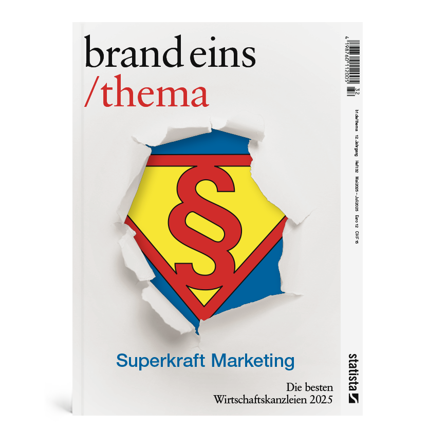 Bei dem Bild handelt es sich um das Cover eines Buches mit dem Titel "Brand Eins / Thema" von Superkraft Marketing, das eine zerrissene Seite mit einem auffälligen gelben und roten "S"-Symbol zeigt. Das Buch wird von Wirtschaftskanzelen in Deutschland herausgegeben und ist in deutscher Sprache erhältlich. Der Umschlag enthält außerdem den Text "Die besten Wirtschaftskanzelen 2023.5", der auf die Verfügbarkeit des Buches in deutscher Sprache hinweist.