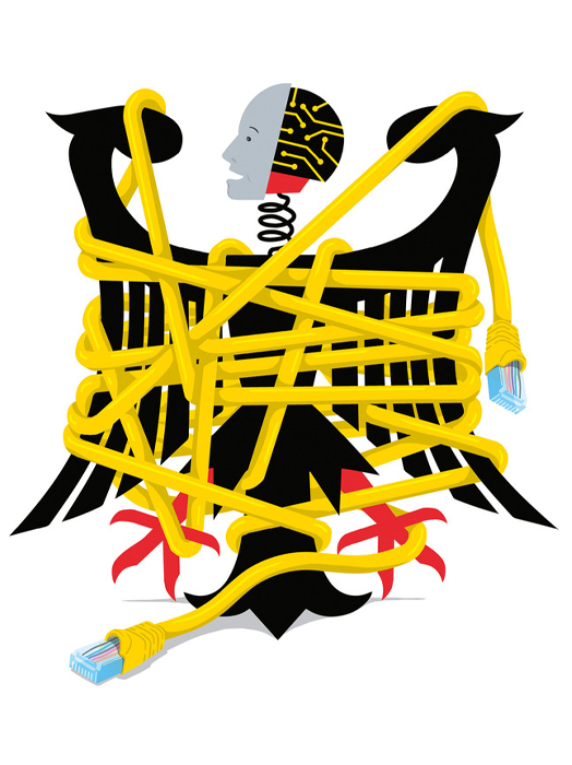 Das Bild ist eine stilisierte Illustration, die einen menschlichen Kopf zeigt, um den ein Netz aus gelben Drähten gewickelt ist, das an ein verworrenes Netz erinnert. Der Kopf befindet sich in der Mitte des Bildes, wobei sich die Drähte in verschiedene Richtungen erstrecken. Der Hintergrund ist in einem kräftigen Weiß gehalten, das im Kontrast zu den farbigen Elementen der Illustration steht. Die Gesamtkomposition ist abstrakt und visuell auffällig, wobei die Verwendung von Farbe und die komplizierte Anordnung der Drähte ein Gefühl von Komplexität und Faszination vermitteln.