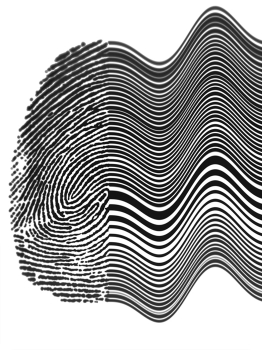 Das Bild zeigt ein auffälliges abstraktes Schwarz-Weiß-Muster, das an einen Fingerabdruck erinnert. Das Design besteht aus einer Reihe von geschwungenen Linien und Strichen, die ein Gefühl von Bewegung und Dynamik vermitteln. Die Linien sind so angeordnet, dass sie die organische Form eines Fingerabdrucks imitieren, wobei die Linien gebogen sind und sich überlappen, um das charakteristische Muster zu bilden. Das Bild ist in einem minimalistischen Stil gehalten, mit einem strahlend weißen Hintergrund, der die schwarzen Linien und Formen hervorhebt, wodurch das Design hervorsticht und die Aufmerksamkeit auf sich zieht.