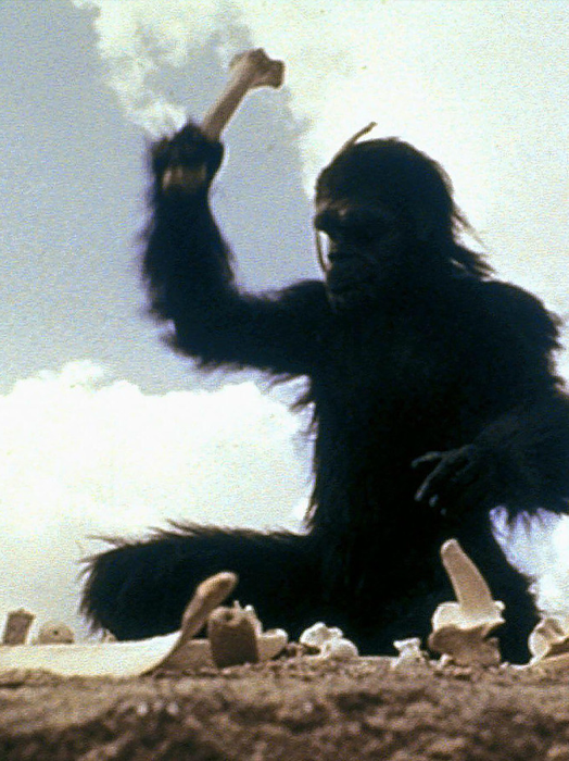 Das Bild zeigt eine große, pelzige Kreatur, die einem Gorilla oder Affen ähnelt, auf dem Boden sitzt und einen Knochen in der Hand hält. Die Kreatur scheint eine entspannte Haltung einzunehmen, wobei ihr Körper zur linken Seite des Bildes hin ausgerichtet ist. Im Hintergrund ist ein wolkenverhangener Himmel zu sehen, der der Szene ein Gefühl von Tiefe und Atmosphäre verleiht.