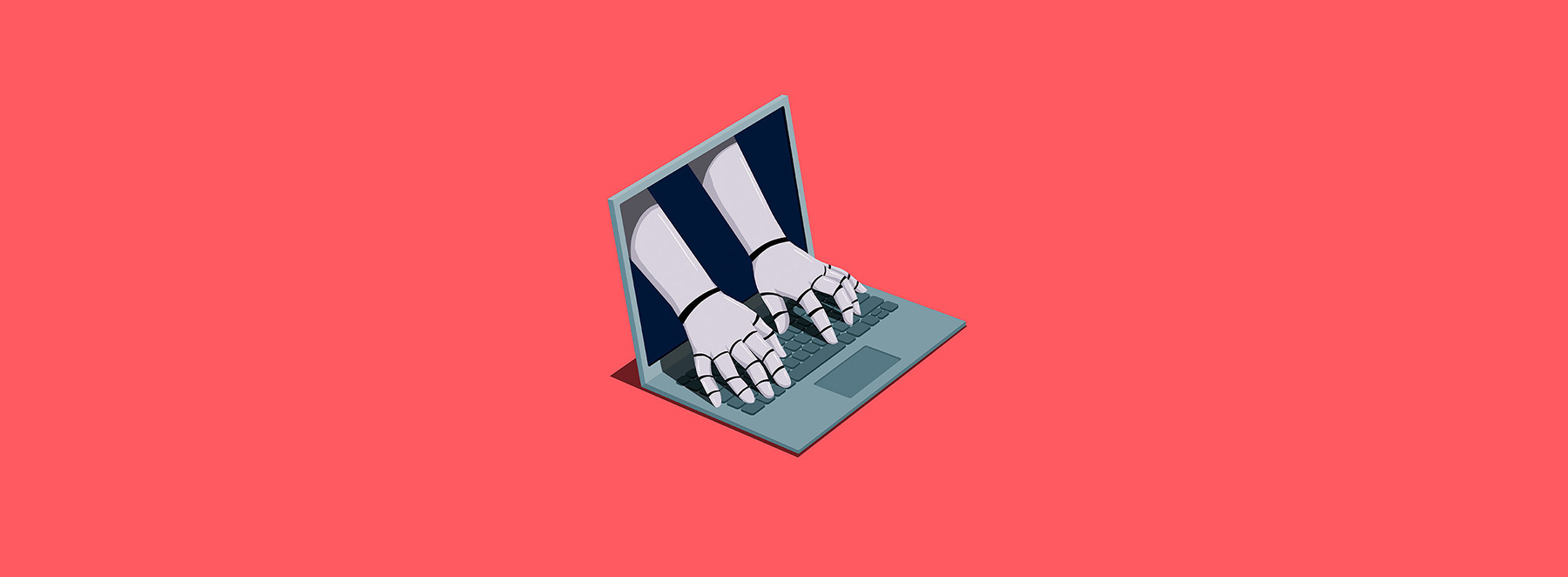 Das Bild zeigt eine stilisierte Illustration eines Laptops mit Roboterhänden auf der Tastatur vor einem leuchtend roten Hintergrund. Der Laptop ist aufgeklappt, und die Roboterhände liegen auf den Tasten, was eine visuell beeindruckende und futuristische Szene ergibt. Das Bild ist so gestaltet, dass es für eine Vielzahl von Nutzern zugänglich ist, auch für Menschen mit Sehbehinderungen, indem es eine klare und leicht erkennbare Darstellung des Laptops und seiner Funktionen bietet.