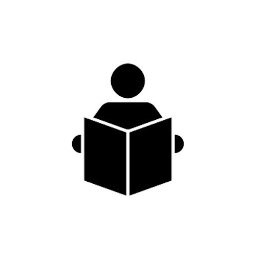 Das Bild zeigt ein einfaches schwarz-weißes Symbol, das eine Person darstellt, die ein Buch liest. Die Person wird von der Taille aufwärts gezeigt, wobei ihr Körper dem Betrachter zugewandt ist und sie das Buch offen vor sich hält. Das Bild ist eine flache, zweidimensionale Darstellung einer Person, die ein Buch liest, die leicht zu verstehen und visuell zugänglich ist.