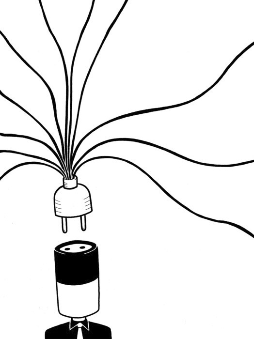 Das Bild ist eine Schwarz-Weiß-Illustration, die den Kopf einer Person zeigt, aus dessen Spitze eine batterieähnliche Form herausragt, die an eine Stromquelle angeschlossen ist. Die Illustration ist einfach und minimalistisch und konzentriert sich auf die Beziehung zwischen der Person und der Stromquelle. Das Bild enthält keinen Text oder zusätzliche Objekte, und die Gesamtkomposition ist sauber und geradlinig.