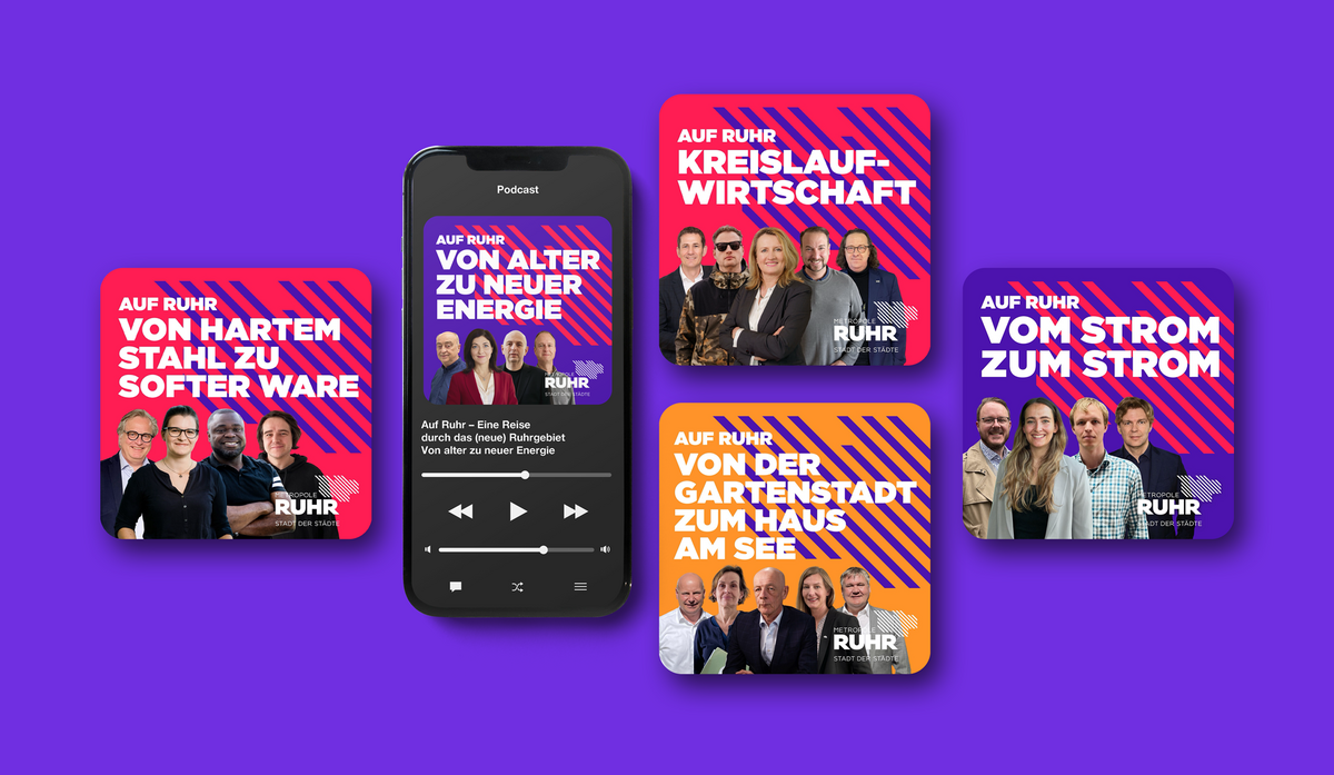 Das Bild zeigt eine Sammlung von fünf Audioclips aus dem Podcast "AU FRU Ruhr", in denen jeweils eine Gruppe von Menschen vorgestellt wird. Die Clips sind in einem Raster angeordnet, mit zwei Clips auf der linken Seite, einem in der Mitte und zwei auf der rechten Seite. Der Hintergrund der Clips ist einfarbig lila. Die Clips werden von Text begleitet, darunter die Namen "AU FRU Ruhr" und "VON HARTEM STAHL ZU SOFTER WARE" sowie die Phrasen "AU FRU Ruhr" und "VOM STROM ZUM STROM", die über die Clips hinweg wiederholt werden.