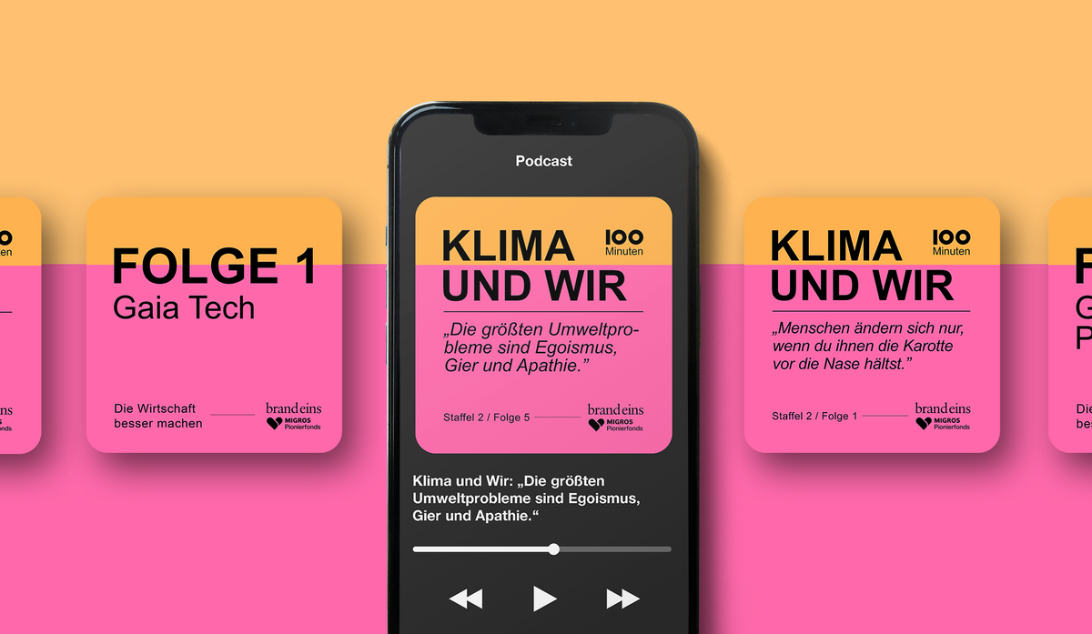Das Bild zeigt eine Sammlung von Podcasts mit einem Schwerpunkt auf Umweltthemen. Die Podcasts werden auf einem mobilen Gerät angezeigt, wobei sich das Gerät in der Mitte des Bildes befindet. Die Podcasts sind in einer Reihe angeordnet, wobei der erste Podcast "Klima und Wir" heißt und der zweite wieder "Klima und Wir". Die Podcasts sind vor einem rosa und orangefarbenen Hintergrund angeordnet, was einen optisch ansprechenden Kontrast schafft. Die Podcasts werden als "100-Minuten-Podcasts" und "100-Minuten-Podcasts" bezeichnet, was darauf hinweist, dass sie kurz sind und wahrscheinlich verschiedene Umweltthemen behandeln.
