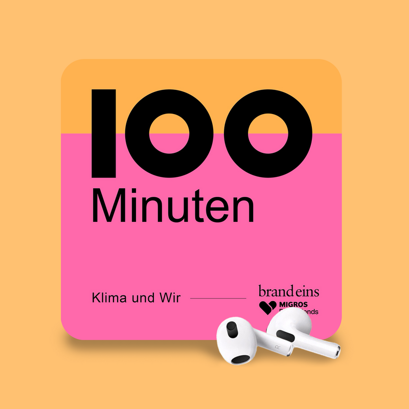 Das Bild ist eine quadratische Grafik mit einem rosa Hintergrund und einem gelben Rand. Es zeigt den Text "100 Minute" in großen schwarzen Buchstaben, darunter steht "Klima und Wir" in kleineren schwarzen Buchstaben. Auf der rechten Seite ist ein Paar weißer Ohrstöpsel mit einem Herzsymbol darauf zu sehen. Das Bild ist so gestaltet, dass es für alle Nutzer, auch für Menschen mit Sehbehinderungen, zugänglich ist, indem es klare und kontrastreiche Farben, lesbaren Text und ein erkennbares Symbol bietet.