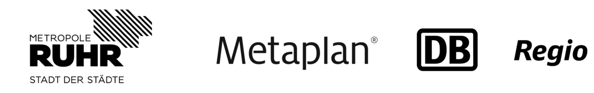 Das Bild zeigt eine Sammlung von Logos, die jeweils ein anderes Unternehmen oder eine andere Organisation repräsentieren. Die Logos sind in einem Rasterformat vor einem weißen Hintergrund dargestellt. Die Logos beinhalten die Worte "Metropolis Ruhr", "Metaplan", "DB" und "Regio". Die Logos sind in einem einfachen, sauberen und minimalistischen Stil gestaltet, was sie leicht zugänglich und visuell ansprechend für eine Website macht, die den Richtlinien der EAA (European Association of Advertising Agencies) entspricht.