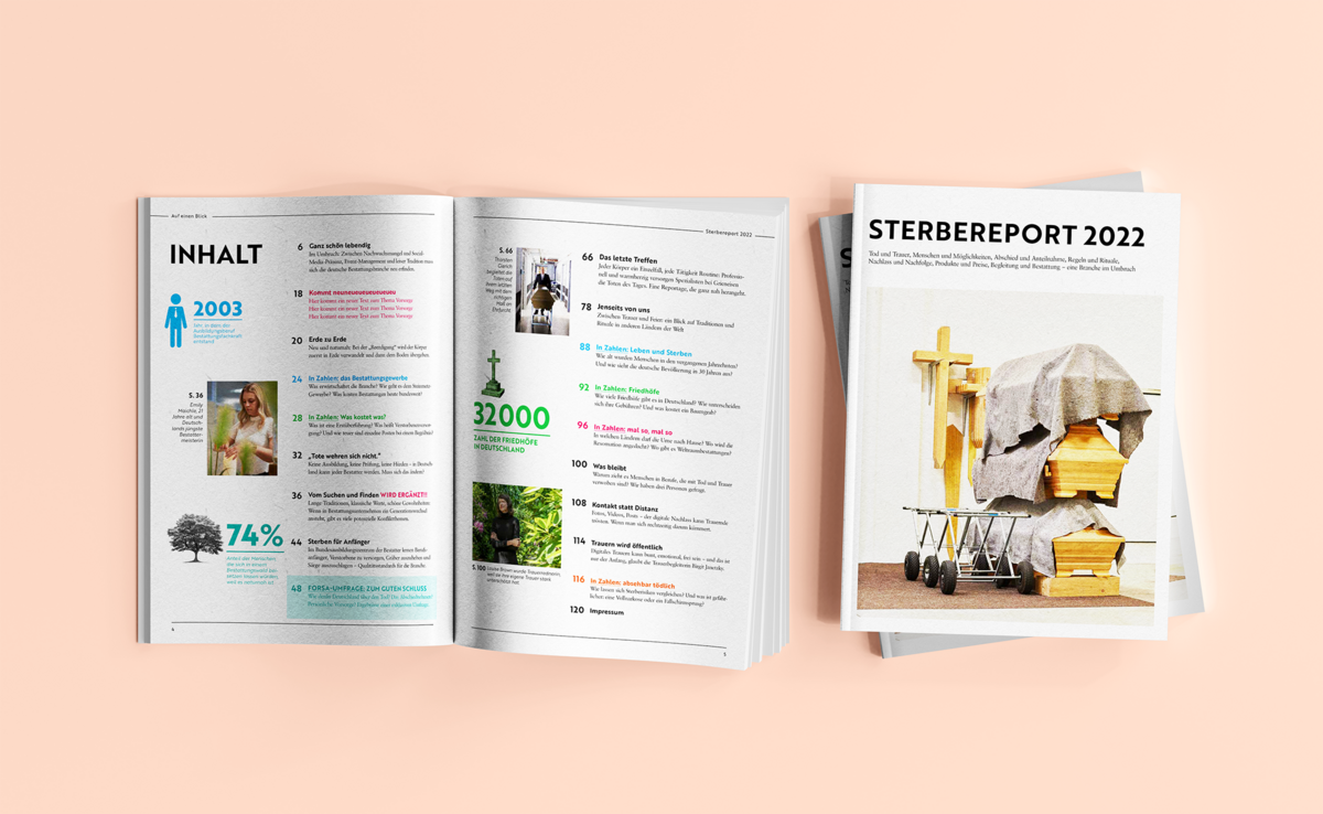 Das Bild zeigt eine Reihe von drei gedruckten Materialien, darunter eine aufgeschlagene Zeitschrift mit Text und Bildern, eine Zeitschrift mit dem Foto eines Bauwerks und einen Stapel von Zeitschriften. Die Materialien scheinen im Zusammenhang mit einem Bericht oder einer Veröffentlichung zu stehen, möglicherweise über Umwelt- oder Sozialthemen. Das Bild steht vor einem pfirsichfarbenen Hintergrund, und das Layout und die Gestaltung lassen auf eine visuell ansprechende und informative Präsentation schließen.