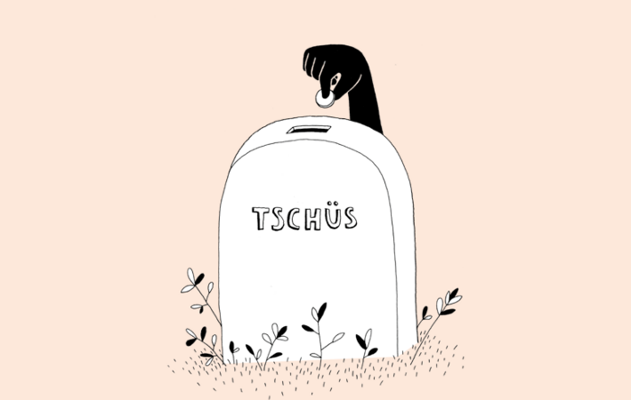 Das Bild ist eine Schwarz-Weiß-Illustration, die eine Hand mit einer erhobenen Faust über einem Grabstein zeigt. Das Wort "Tschus" steht auf dem Grabstein, der von Pflanzen und Blumen umgeben ist. Die Illustration steht vor einem pfirsichfarbenen Hintergrund, der eine einfache und minimalistische Ästhetik schafft.