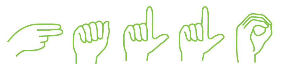 Das Bild zeigt eine Reihe von fünf Handgesten, die jeweils einer anderen Gebärdensprache entsprechen. Die Gesten sind in grüner Farbe dargestellt, so dass sie für Personen, die mit den jeweiligen Gebärdensprachen vertraut sind, leicht zu erkennen und zugänglich sind. Die Gesten sind in einer Reihe angeordnet, wobei jede einzelne Teil eines größeren Satzes von Handgesten zu sein scheint, was wahrscheinlich die Kommunikation und das Verständnis zwischen Menschen, die verschiedene Gebärdensprachen verwenden, erleichtern soll.
