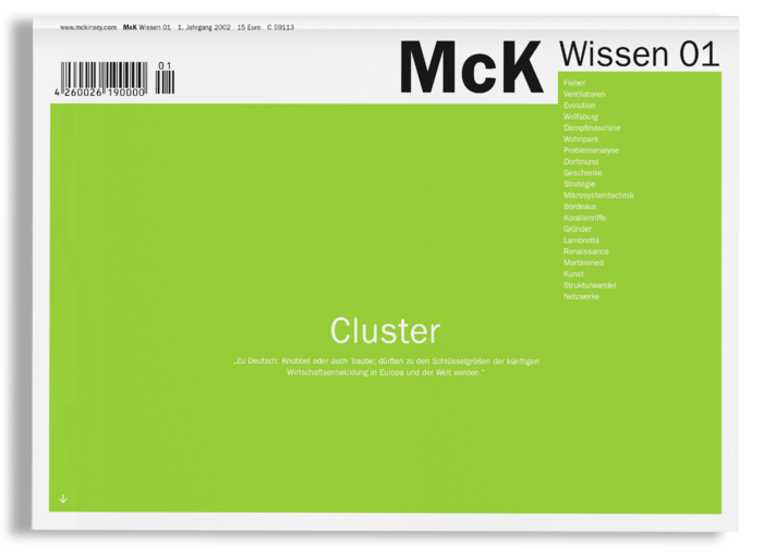 Das Bild ist ein Screenshot einer Webseite mit überwiegend grünem Hintergrund. Die Webseite hat eine Kopfzeile mit einem Barcode und etwas Text sowie eine Fußzeile mit zusätzlichem Text. Die Webseite scheint in deutscher Sprache zu sein und enthält eine Liste von Themen wie "Cluster" und "McK Wissen 01" zusammen mit einer Beschreibung des Inhalts. In der Fußzeile der Webseite werden ebenfalls "Cluster" und "McK Wissen" erwähnt. Das Gesamtlayout und die Gestaltung der Webseite scheinen zugänglich und benutzerfreundlich zu sein, wobei der Schwerpunkt auf der Bereitstellung von Informationen und einer klaren Navigationsstruktur liegt.