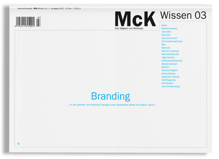 Das Bild ist ein Screenshot einer Webseite mit einem klaren, minimalistischen Design. Der Text ist auf Deutsch, und die Seite trägt den Titel "McK Wissen 03" mit einem Barcode und einer URL am oberen Rand. Der Hauptinhalt der Seite ist ein Abschnitt mit der Überschrift "Marke" und dem Untertitel "ist gesovert und bewosst Ezeugner dauerhen Nährheitszeiten heihel Metalfel". Die Seite enthält auch eine Navigationsleiste mit Links zu anderen Abschnitten und einen kleinen Text in der linken unteren Ecke. Das Gesamtlayout und die Gestaltung der Seite lassen darauf schließen, dass es sich um eine zugängliche Website für Nutzer mit Sehbehinderungen handelt.