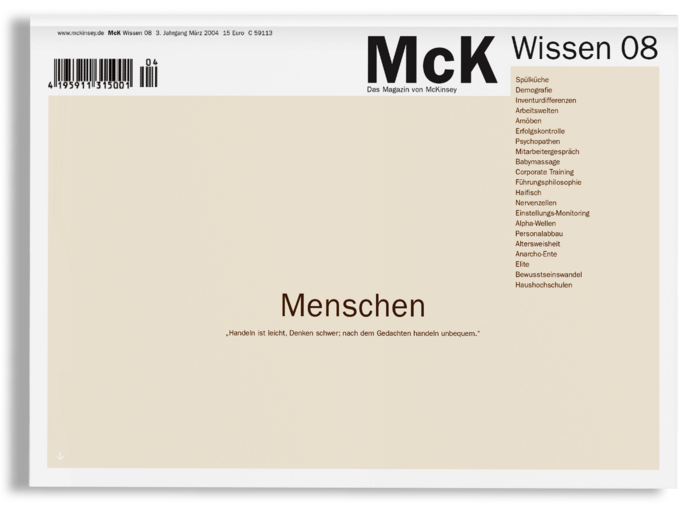 Das Bild ist ein Screenshot einer Webseite mit sauberem, weißem Hintergrund. Der Text ist auf Deutsch und scheint eine Liste verschiedener Themen oder Abschnitte zu sein, darunter "Menschen" und "Wissen 08". Die Webseite enthält auch einen Strichcode und eine URL am unteren Rand. Das Gesamtlayout und die Gestaltung der Webseite scheinen zugänglich und benutzerfreundlich zu sein, so dass sie sich für eine Website eignet, die sich an ein vielfältiges Publikum wendet.