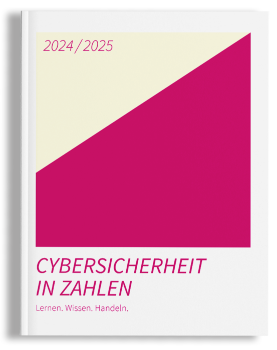 Bei dem Bild handelt es sich um einen grafischen Entwurf für ein Buchcover in den Farben Rosa und Weiß. Der Titel "Cybersicherheit in Zahlen" steht in großen, fetten Buchstaben, und die Namen der Autoren, "Lernen, Wissen, Handeln", sind in kleinerer Schrift unter dem Titel zu lesen. Das Cover ist minimalistisch gestaltet, mit einem klaren, weißen Hintergrund und einem einfachen geometrischen Muster. Das Gesamtlayout und die Gestaltung deuten auf eine Konzentration auf den Inhalt des Buches hin, bei dem es offenbar um Cybersicherheit und Datenschutz geht.