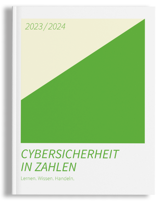 Bei dem Bild handelt es sich um das Cover eines Buches mit dem Titel "Cybersicherheit in Zahlen" von Lernen, Wissen, Handel. Das Cover zeigt ein grünes und weißes geometrisches Muster mit dem Titel und dem Namen des Autors an prominenter Stelle. Das Buch wird vom Bundesverband Informationswirtschaft und Informationstechnik (BIIT) herausgegeben und ist in deutscher, englischer und französischer Sprache erhältlich.
