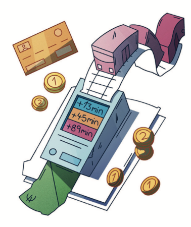 Das Bild ist eine farbenfrohe Illustration, die verschiedene finanzielle und buchhalterische Gegenstände zeigt, darunter ein Scheckbuch, Münzen, einen Taschenrechner und eine Quittung. Die Illustration ist so gestaltet, dass sie für ein breites Publikum zugänglich ist, einschließlich Kindern und Erwachsenen, und soll Finanzkonzepte auf eine visuell ansprechende Weise vermitteln. Durch die Verwendung heller Farben und einfacher Formen ist die Illustration leicht zu verstehen und für ein breites Publikum ansprechend.
