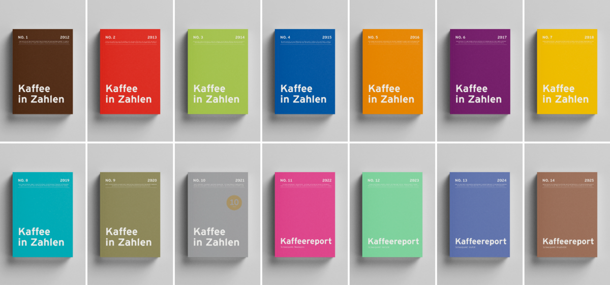 Das Bild zeigt eine Sammlung von zwölf Büchern, jedes mit einer bestimmten Einbandfarbe und einem bestimmten Titel, die in einem Gittermuster angeordnet sind. Die Bücher tragen den Titel "Kaffee in Zahlen" und sind in vier Reihen und drei Spalten angeordnet. Die Einbände der Bücher sind in verschiedenen Farben gehalten, darunter braun, grün, orange und lila. Die Bücher werden optisch ansprechend präsentiert, wobei die Titel und Farben auf den Einbänden deutlich sichtbar sind.