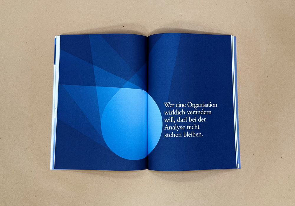 Das Bild zeigt ein aufgeschlagenes Buch mit blauem Einband und einem weißen Text auf der rechten Seite. Der Text ist auf Deutsch und lautet: "Wer eine Organisl. willl. darbei bei der Analyse nicht stehen bleiben." Das Buch steht auf einer beigen Oberfläche, und das Layout und die Designelemente erinnern an eine visuell ansprechende und zugängliche Website.