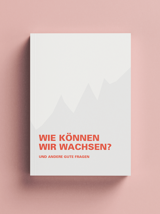 Das Bild zeigt einen Bucheinband mit weißem Hintergrund und einem roten Titel in fetter, schwarzer Schrift. Der Titel lautet "WIE KÖNNEN WIIR WACHSEN?" und der Name des Autors, "UND ANDERE GUTE FRAGEN", steht darunter. Das Buch ist vor einem rosa Hintergrund platziert, der einen optisch ansprechenden Kontrast bildet. Das Design ist einfach, aber wirkungsvoll, so dass der Inhalt für die Benutzer leicht zu lesen und zu verstehen ist.