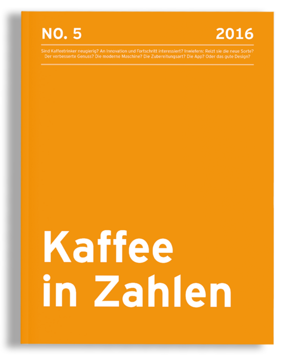 Bei dem Bild handelt es sich um das Cover eines Buches oder einer Zeitschrift mit dem Titel "Kaffee in Zahlen" mit orangefarbenem Hintergrund und weißem Text. Auf dem Cover ist eine Frage über das neue Sortiersystem für Kaffeebohnen zu sehen, und oben ist das Jahr 2016 angegeben. In der Mitte steht der Titel "Kaffee in Zahlen" und der Text "Sind Kaffefrinierung neugerig! An Innovation und Faricht Interssiet! Riez die neue Sorte! Der verbesserte Genuss! Die modernische Mässe! Die Zuberreiseung?" steht am unteren Rand.