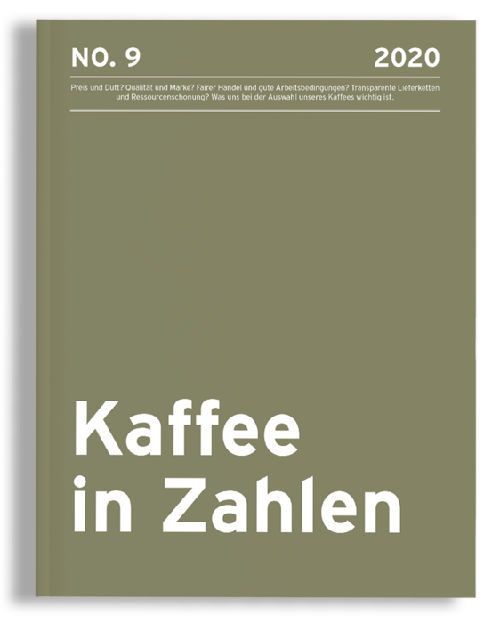 Bei dem Bild handelt es sich um das Cover eines Buches mit dem Titel "Kaffee in Zahlen" in grüner und weißer Farbe. Auf dem Umschlag ist der Titel in fetter weißer Schrift zu lesen, und in der rechten oberen Ecke steht die Jahreszahl "2020". Im Text wird auch eine Umfrage über die Kaffeevorlieben in Zahlen erwähnt, mit einer Frage, ob der Kaffee fair, ehrlich und gut ist. Das Coverdesign ist minimalistisch, mit einem sauberen und einfachen Layout.