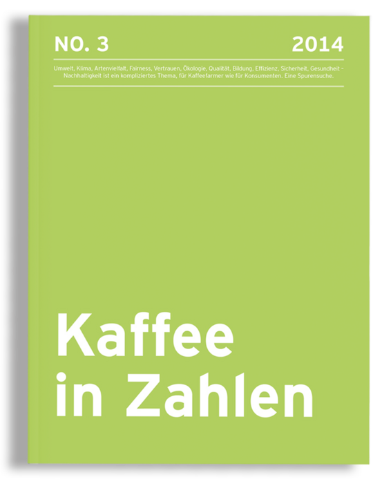 Das Bild zeigt das Cover eines Buches oder einer Zeitschrift mit dem Titel "Kaffee in Zahlen" mit grünem Hintergrund und weißem Text. Der Umschlag enthält ein Inhaltsverzeichnis mit Themen wie "Uwelt, Klima, Artenveil, Fairness, Wertrenen, Ockoye, Qualität, Bildung, Effeien, Sichëtzeit, Gesundheit - Nachhaltigedet ist ein kompliziertes Thema, für Kaffefärmer werden Konsumten, Eine Spurensuche." Das Cover enthält außerdem den Text "No. 3 2014" und "Kaffee in Zahlen" in der oberen rechten Ecke. Das Bild wird als für die EAA zugänglich beschrieben, was bedeutet, dass es so gestaltet ist, dass es von Personen mit unterschiedlichen Fähigkeiten und Hintergründen leicht verstanden und bedient werden kann.