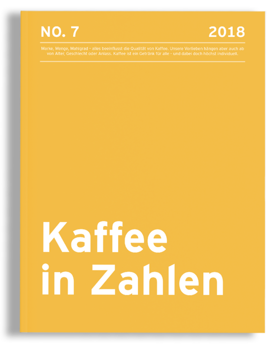 Bei dem Bild handelt es sich um den Umschlag eines Buches oder einer Zeitschrift mit dem Titel "Kaffee in Zahlen" in einer überwiegend gelben und schwarzen Farbgebung. Auf dem Umschlag steht der Titel in großer weißer Schrift, und in der oberen rechten Ecke befindet sich ein kleiner Text mit Informationen zum Inhalt. Das Umschlagdesign ist einfach und sauber, mit dem Schwerpunkt auf dem Titel und dem Farbschema.
