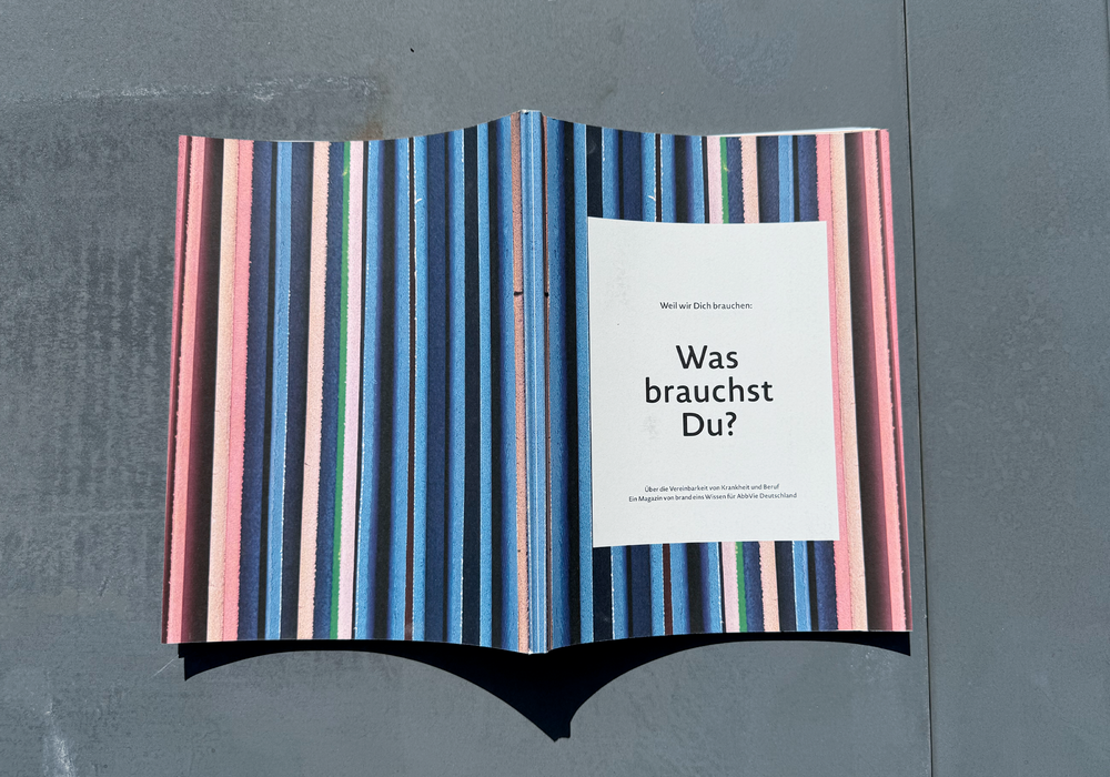 Das Bild zeigt ein aufgeschlagenes Buch mit gestreiftem Einband, das auf einer grauen Fläche liegt. Das Buch scheint auf Deutsch zu sein, wie der Text auf der rechten Seite zeigt. Das Buch trägt den Titel "Was brauchst Du?" und wird als ein "Wieder die Brauchst Du?"-Buch beschrieben, was auf Englisch "A book about the Brauchst Du?" oder "A book about the Brauchst Du?" bedeutet. Das Buch wird als eine "brandneue" Publikation beschrieben und von "Magazone" und "Adobe Illustrator" herausgegeben. Das Buch steht vor einem grauen Hintergrund, der mit der Gestaltung des Buchumschlags übereinstimmt.