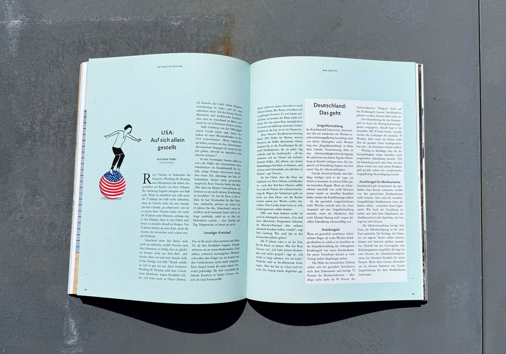 Das Bild zeigt ein aufgeschlagenes Buch mit deutschem Text auf einer grauen Fläche. Das Buch scheint eine Zeitschrift oder Publikation zu sein, mit einem auffälligen Titel auf der linken Seite. Der Text ist in deutscher Sprache und enthält einen Abschnitt mit dem Titel "Deutschland Dgesicht", was übersetzt "Deutsches Dgesicht" oder "Deutscher Digest" bedeutet. Das Buch liegt auf einer grauen Fläche, und der Hintergrund ist unscharf, so dass das Buch im Mittelpunkt des Bildes steht.