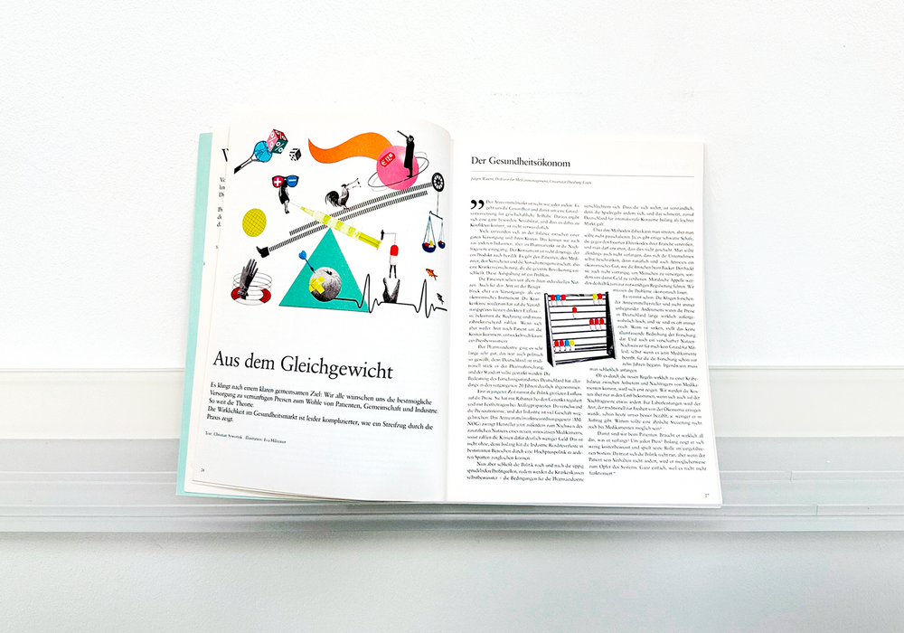 Das Bild zeigt eine aufgeschlagene Zeitschrift mit einer bunten Illustration auf der linken Seite und einem Textartikel auf der rechten Seite. Das Magazin scheint auf Deutsch zu sein, wie der deutsche Text auf der linken Seite zeigt. Das Layout und die Gestaltung des Magazins lassen darauf schließen, dass es sich um eine Publikation mit Schwerpunkt auf visuellem Inhalt und Geschichten handelt.