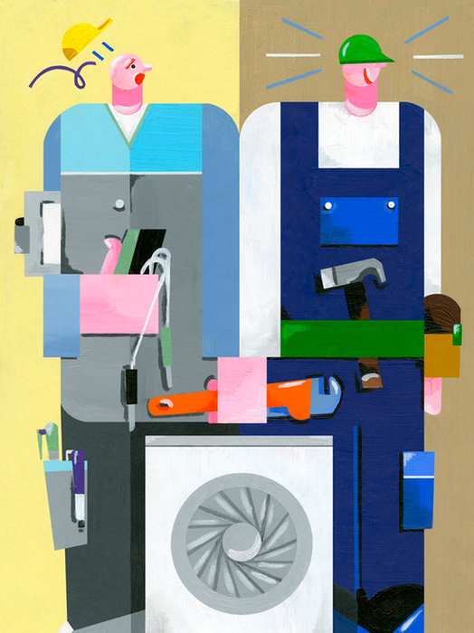 Das Bild ist eine stilisierte Illustration mit zwei stilisierten menschlichen Figuren, von denen eine ein blaues und die andere ein grünes Hemd trägt und neben einer Waschmaschine steht. Die Figuren halten verschiedene Werkzeuge und Geräte in der Hand, was darauf hindeutet, dass es sich entweder um Arbeiter oder Techniker handelt. Der Hintergrund ist in einem kräftigen Gelb gehalten, und die Gesamtkomposition ist abstrakt, ohne erkennbaren Text oder spezifische Handlungen, die stattfinden. Das Bild scheint eine kreative Darstellung einer Arbeitsumgebung oder einer technischen Umgebung zu sein.