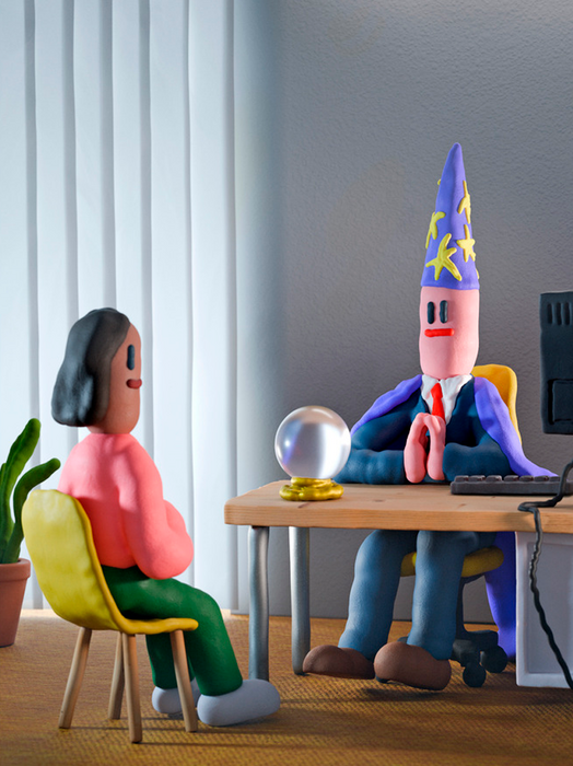 Das Bild zeigt eine skurrile Szene mit zwei anthropomorphen Figuren, von denen eine als Zauberer und die andere als Frau gekleidet ist und an einem Schreibtisch sitzt. Die Figur des Zauberers hält eine Kristallkugel in der Hand, während die Frau auf einem Stuhl Platz genommen hat. Der Schreibtisch ist mit einem Computermonitor und einer Tastatur geschmückt, was auf einen Arbeits- oder Studienbereich hindeutet. Der Raum ist mit einer Topfpflanze und einem Fenster dekoriert, was einen Hauch von Natur und Licht in die Szene bringt.
