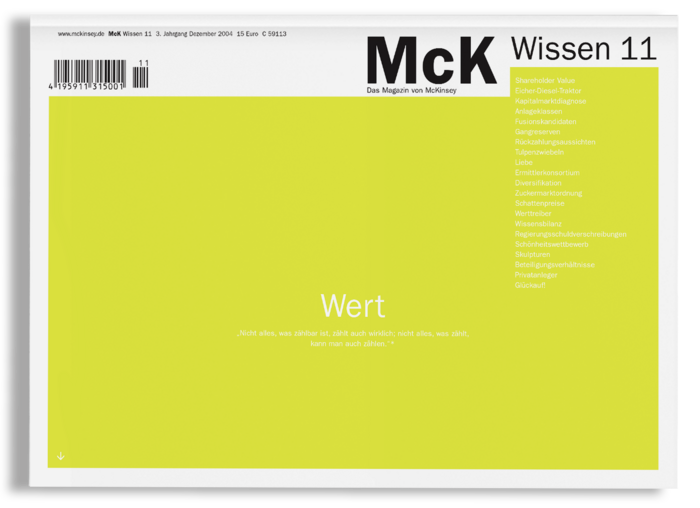 Bei dem Bild handelt es sich um die grafische Gestaltung einer Zeitschriften- oder Broschürenseite mit einem leuchtend gelben Hintergrund. Die Seite enthält verschiedene Textelemente, darunter den Titel "McK Wissen 11" und eine Liste von Themen wie "Eichner-Valor", "Kantigasse", "Kantigasse-Diagnose", "Fusions-Kantigasse", "Grundzuckerlösung", "Lippe", "Deriverteit-Sonderführer", "Sucherzeit-Kantigasse", "Wirterslöschen", "Eichner-Sonderführer", "Skopfverlester", "Privatgeräte-Sonderführer" und "Gleichen!". Die Seite enthält auch einen Barcode und eine URL für die Website "www.mckwissen.11.3. Jahr zum 11. Jahr zum 2004 €15,99,913".