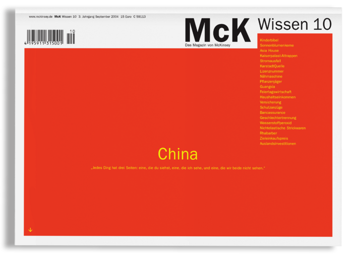 Bei dem Bild handelt es sich um ein grafisches Design einer Zeitschriften- oder Zeitungsseite mit rotem Hintergrund und weißem Text. Die Seite enthält eine Liste von Ländern, darunter China, sowie ein Zitat von Jedes Dinkin über die Bedeutung von Reisen und Entdeckungen. Die Seite enthält auch einen Strichcode und eine URL für die Website McK Wissen 10.