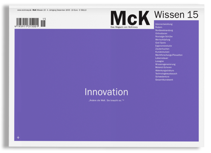 Das Bild ist ein grafischer Entwurf einer Zeitschriften- oder Publikationsseite mit lila Hintergrund. Die Seite hat eine weiße Kopfzeile mit dem Titel "McK Wissen 15" und einem Strichcode. Die Seite enthält auch eine Liste von Themen wie "Innovation" und "Wissen" mit den entsprechenden Beschreibungen. Die Seite ist so gestaltet, dass sie für alle Benutzer, auch für Menschen mit Sehbehinderungen, zugänglich ist, indem sie einen klaren und leicht lesbaren Text und ein übersichtliches Layout bietet.
