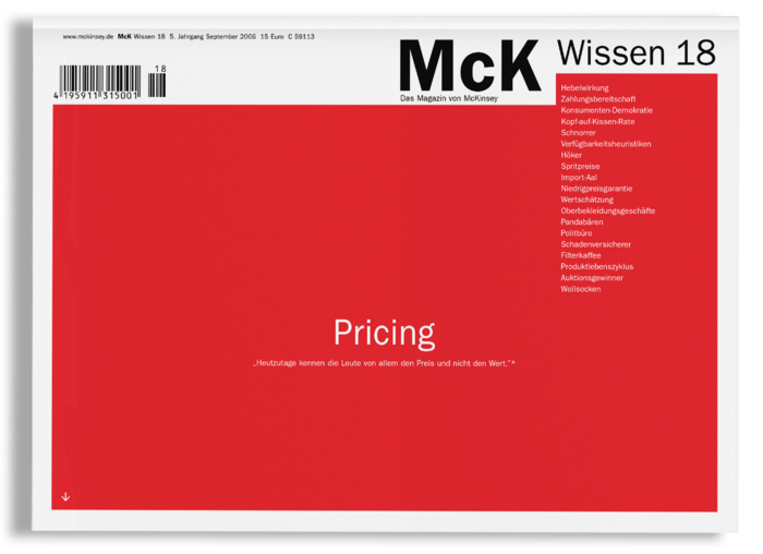 Das Bild ist ein rot-weißes Druckerzeugnis, wahrscheinlich eine Zeitschrift oder eine Broschüre, mit einem auffälligen roten Hintergrund und weißem Text. Der Text enthält Preisinformationen und einen Slogan, und auf der linken Seite befindet sich ein Strichcode. Das Layout scheint auf Zugänglichkeit ausgelegt zu sein, mit klaren Überschriften und einem einfachen, sauberen Design.